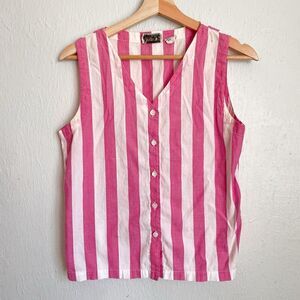 Vintage Pink White Wide Stripe Cotton Button Vest Women’s 10 Summer Kidcore